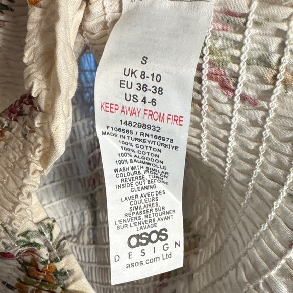 ASOS Design Cotton Shirred Blouse in Floral Long Sleeve Cream Floral Size Small - Picture 3 of 8